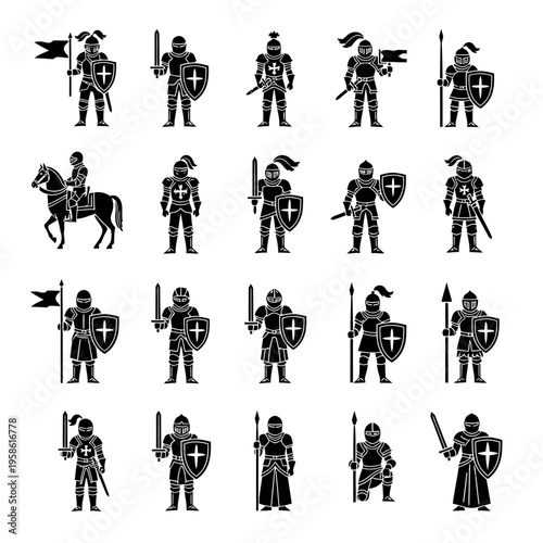 Set of Black and White Silhouette Icons Representing Medieval Knights, Warriors, and Crusaders with Swords, Shields, and Spears