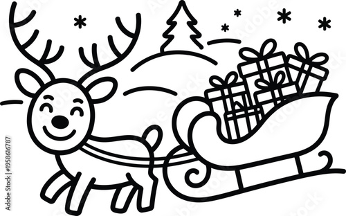 Merry reindeer pulling sleigh filled with presents through snowy landscape for Christmas cheer