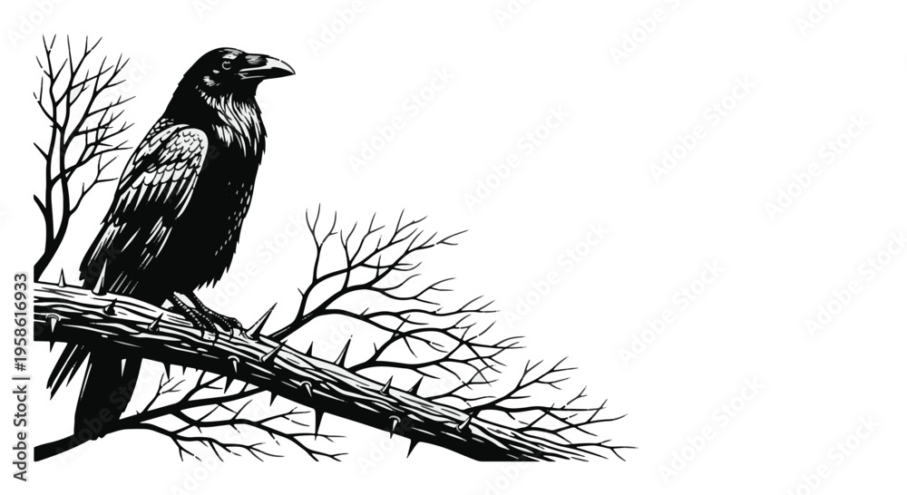 Fototapeta premium Black Raven Sitting on Thorny Branch Detailed Illustration