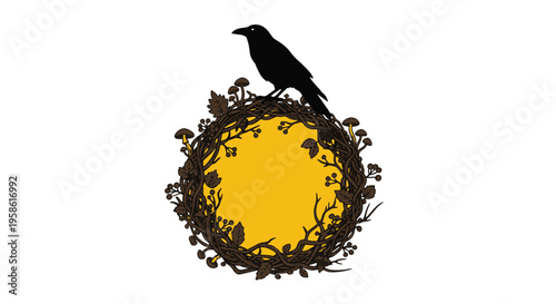 Crow Perched on Autumn Wreath with Mushrooms and Leaves