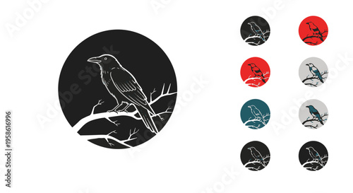 Crow Bird Sitting on Tree Branch Silhouette Minimalist Design