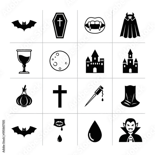 Black and White Vampire and Halloween Themed Vector Icon Set Featuring Bats Coffins Castles and Spooky Symbols