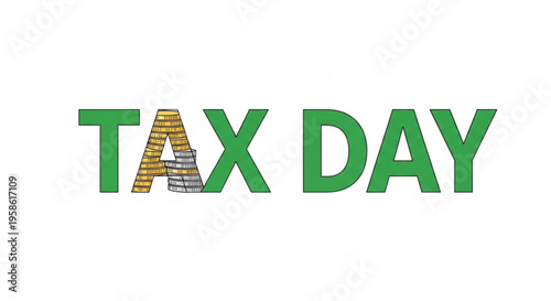 A colorful vector graphic illustration of the words 'TAX DAY' with a creative design element in the letter 'A'