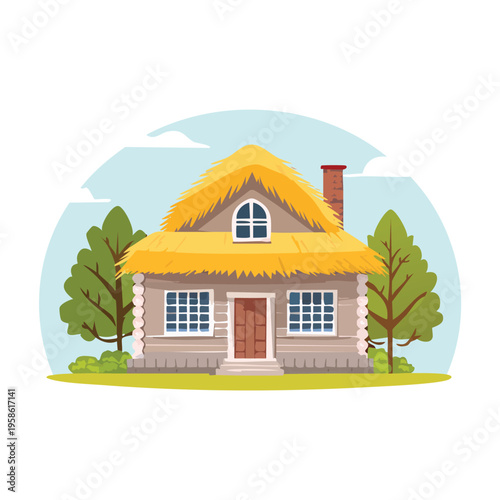 Cartoon cottage illustration with thatched roof and trees on a white background