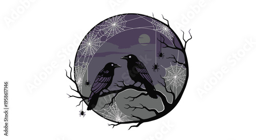 Halloween Scene with Two Ravens Spiders and Spiderwebs at Night