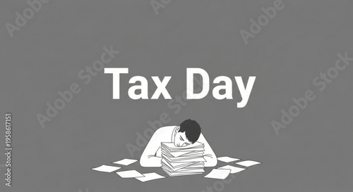 A stressed man sitting at a desk with a large stack of papers on Tax Day