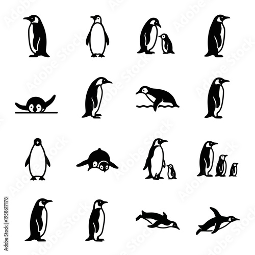 Collection of Sixteen Penguin Icons and Silhouettes in Various Poses Including Swimming and Standing for Graphic Design