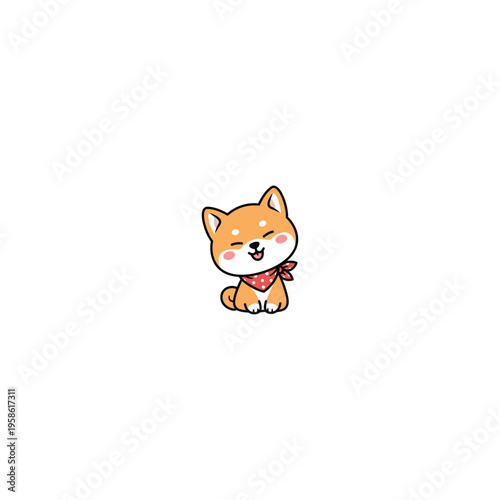 Cute kawaii shiba inu with a scarf sitting and smiling cartoon, vector illustration