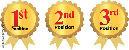 Set of gold award medals for 1st 2nd and 3rd position representing achievement and victory in competitions isolated on white background