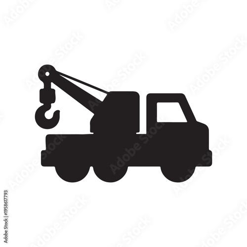 Construction equipment icon. Truck with hook for transporting heavy loads. Sticker for social networks and instant messengers. Transportation and logistics concept. Cartoon flat vector illustration

