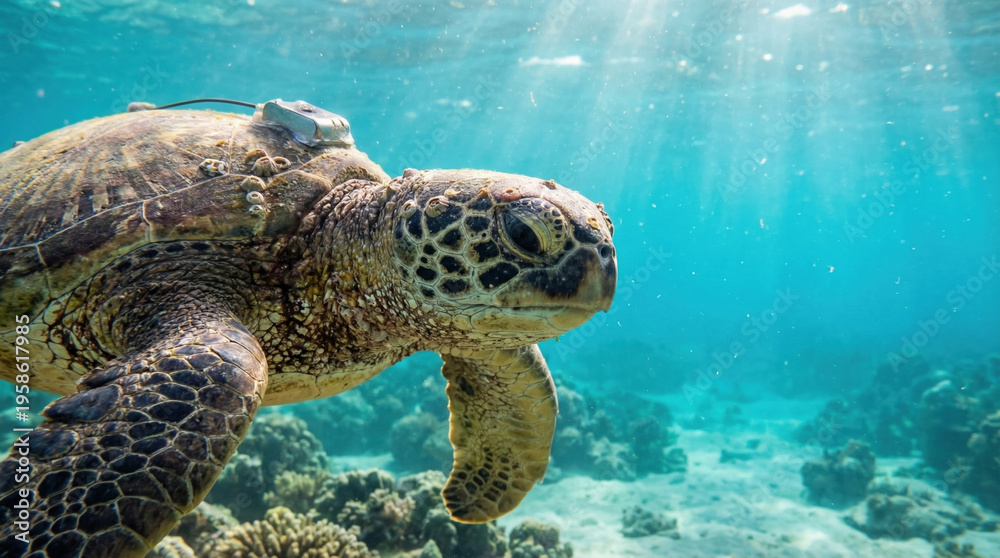Fototapeta premium Green sea turtle swimming gracefully underwater, surrounded by coral reefs and illuminated by sunlight filtering through the water surface