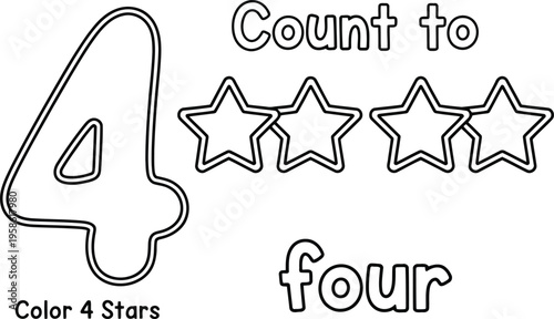 Outline of the number four with four stars and text instructions for counting and coloring activities