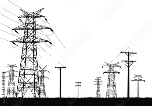 Silhouette of transmission towers and utility poles with crossarms, power lines, horizon strip, electricity distribution, industrial infrastructure, high voltage grid