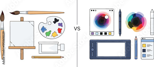 Traditional Painting vs Digital Art Comparison with Brushes Canvas Palette and Graphic Tablet Tools for Creative Workflow Illustration