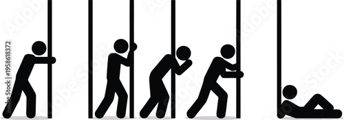 Several black stick figures struggle against tall vertical bars while one lies down seemingly defeated