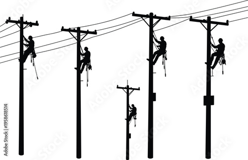 Silhouette of utility workers climbing poles with safety gear, repairing power lines, teamwork, electricity maintenance, urban infrastructure, high voltage grid