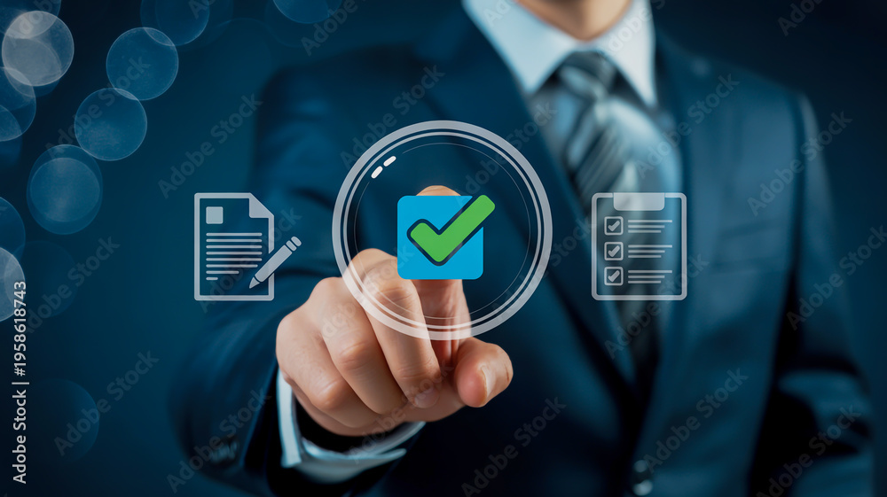 Obraz premium Businessman interacting with digital checklist icons