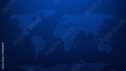 Blue world map on abstract tech background. Digital global communication network concept. Breaking news broadcast graphic element for media, television and geopolitical data visualization.