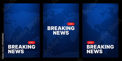 Breaking news background with world map grid for television broadcast. Live stream graphic headline for media channel. Abstract digital interface design with earth continent illustration.
