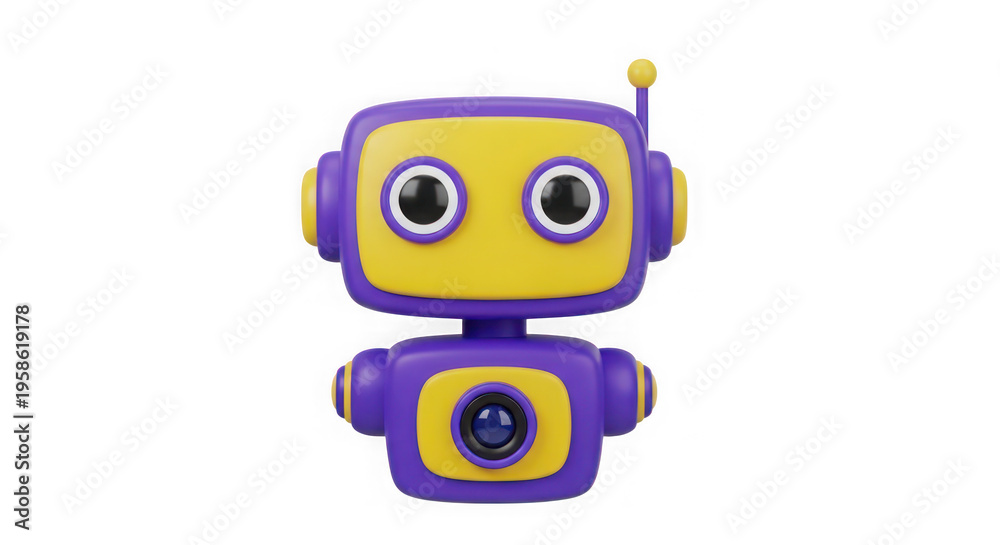 Obraz premium A cute purple and yellow robot character with large eyes and a small antenna for communication isolated on transparent background