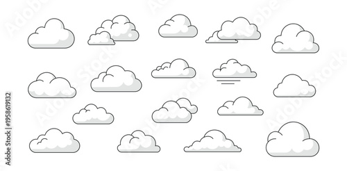 Cloud icon set vector cartoon sky illustrations fluffy weather symbols white background flat design graphic assets packs