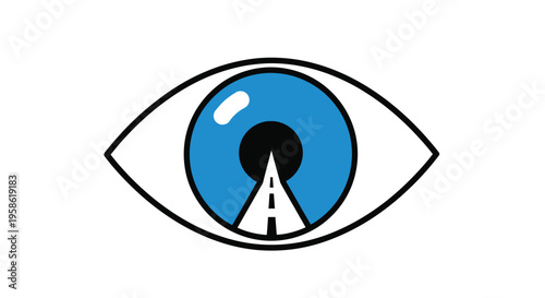 A stylized illustration of a human eye with a blue iris and a road leading through the pupil on a white background