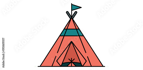 Coral and teal teepee vector illustration showing a wigwam tent with flag for camping adventure and outdoor travel icons