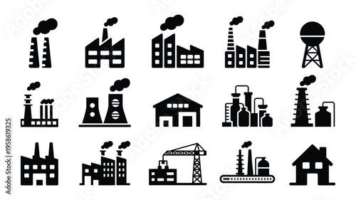 Industrial and factory icon set in black and white, isolated on white background, vector collection featuring manufacturing, construction, engineering, production, tools, machinery symbols