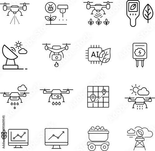 Agricultural technology icons featuring drones and smart farming tools