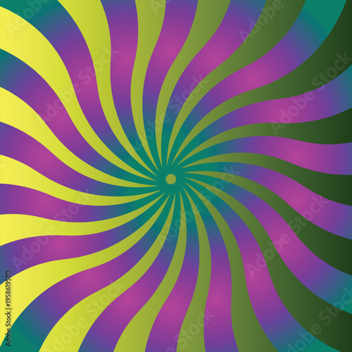 A vibrant digital background featuring swirling curved rays in purple, yellow, and green gradients