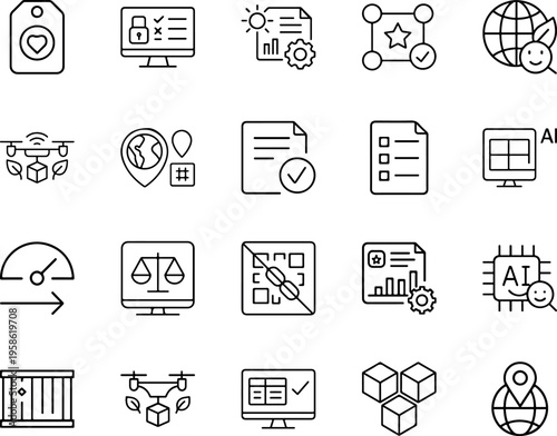A collection of 20 black and white icons related to business and technology