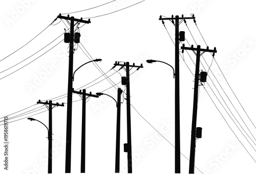 Silhouette of utility poles with transformers, streetlights, crossarms, power lines, electricity distribution, urban infrastructure, industrial landscape, high voltage grid