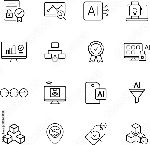 A collection of 15 black line icons related to ai and data security