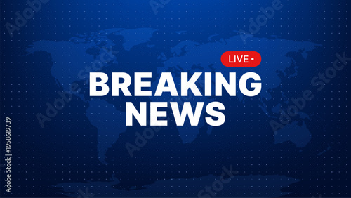 Breaking news background with world map and live element. Digital broadcast graphics for television media announcement. Global information update concept for journalism and communication.