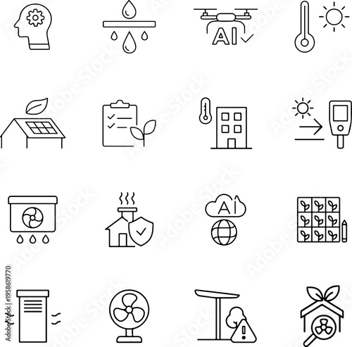 Icons related to sustainable and smart building technologies