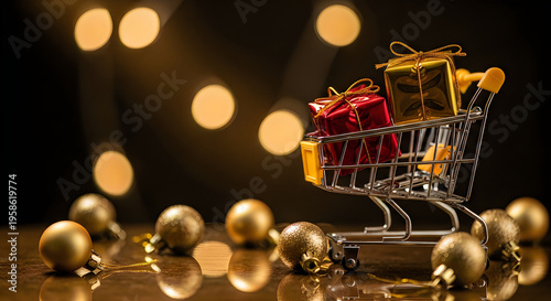 Miniature shopping cart with gifts and ornaments on a reflective surface