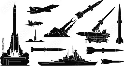 Military rockets missiles aircraft battleship silhouette illustration, defense technology artwork, warfare design concept, black and white vector template set