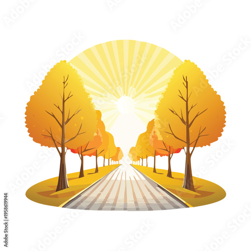Autumnal road lined with trees under bright sunlight vector illustration