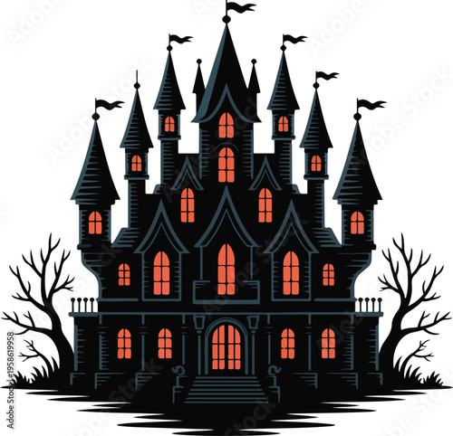 Haunted Castle with Orange Windows and Flags on Spires Isolated on White