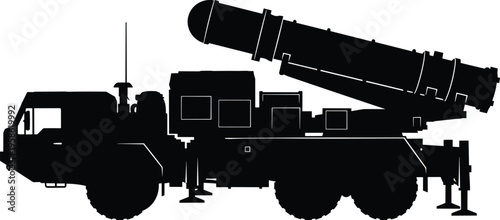 Military missile launcher vehicle silhouette illustration, mobile defense system artwork, combat technology design concept, black and white vector template set