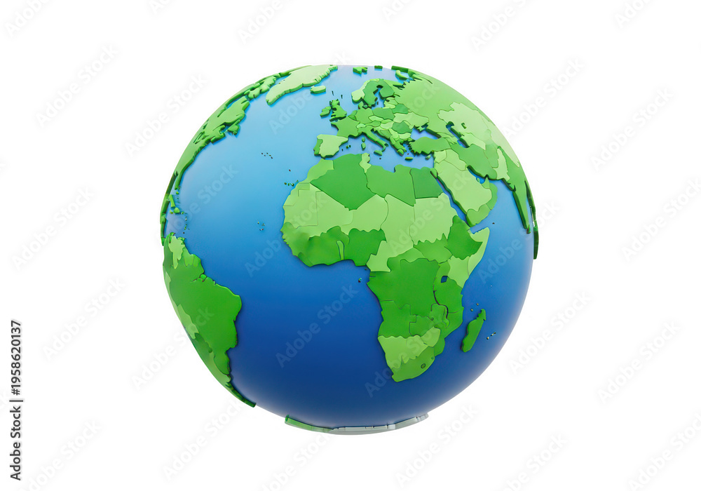 Obraz premium Stylized earth globe with green landmasses and blue oceans on transparent background