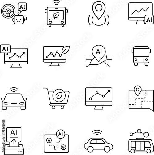 A collection of 16 black line icons related to ai and transportation