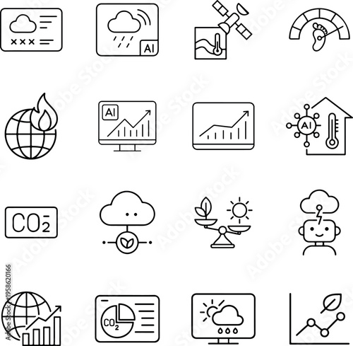 A collection of black and white icons related to artificial intelligence and climate change