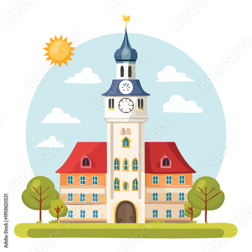 Cartoon illustration of a historical building with a clock tower and red rooftops