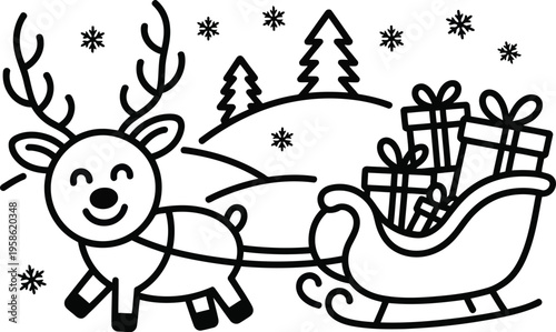 Smiling cartoon reindeer happily pulls a sleigh overflowing with wrapped gifts through a snowy winter landscape