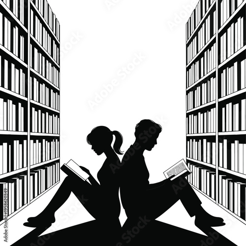 Silhouettes of two people reading in a library aisle books