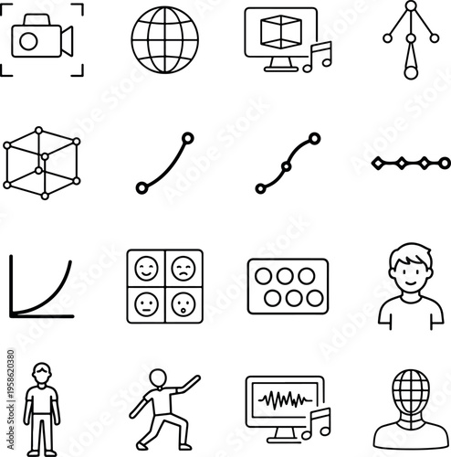 A collection of black line icons on a white background