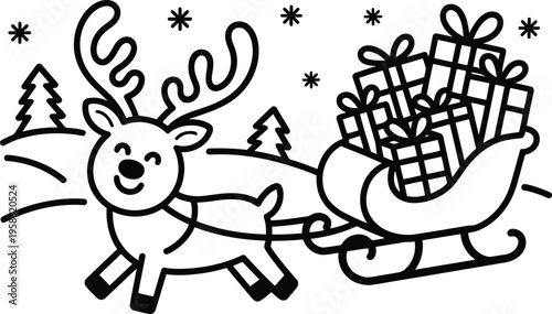 Smiling reindeer delivering Christmas presents in a sleigh across a charming winter wonderland