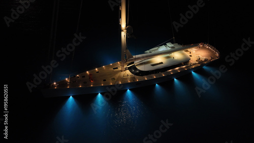 Aerial drone night shot of illuminated sail boat with wooden deck anchored in deep blue Aegan sea