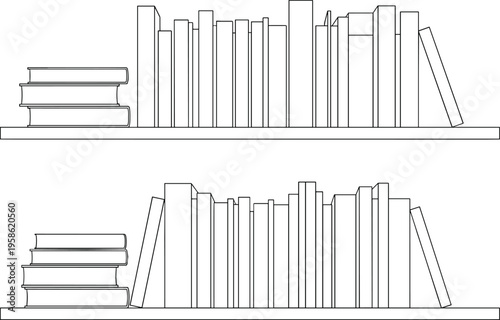 Two shelves with books stacked in various orientations bookshelves library